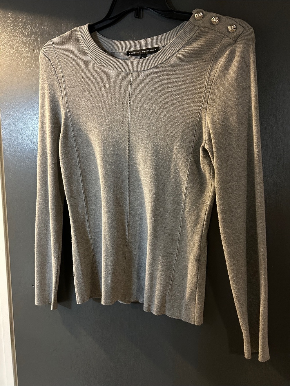 White House Black Market Gray Long-Sleeve Crewneck Sweater with Shoulder Buttons